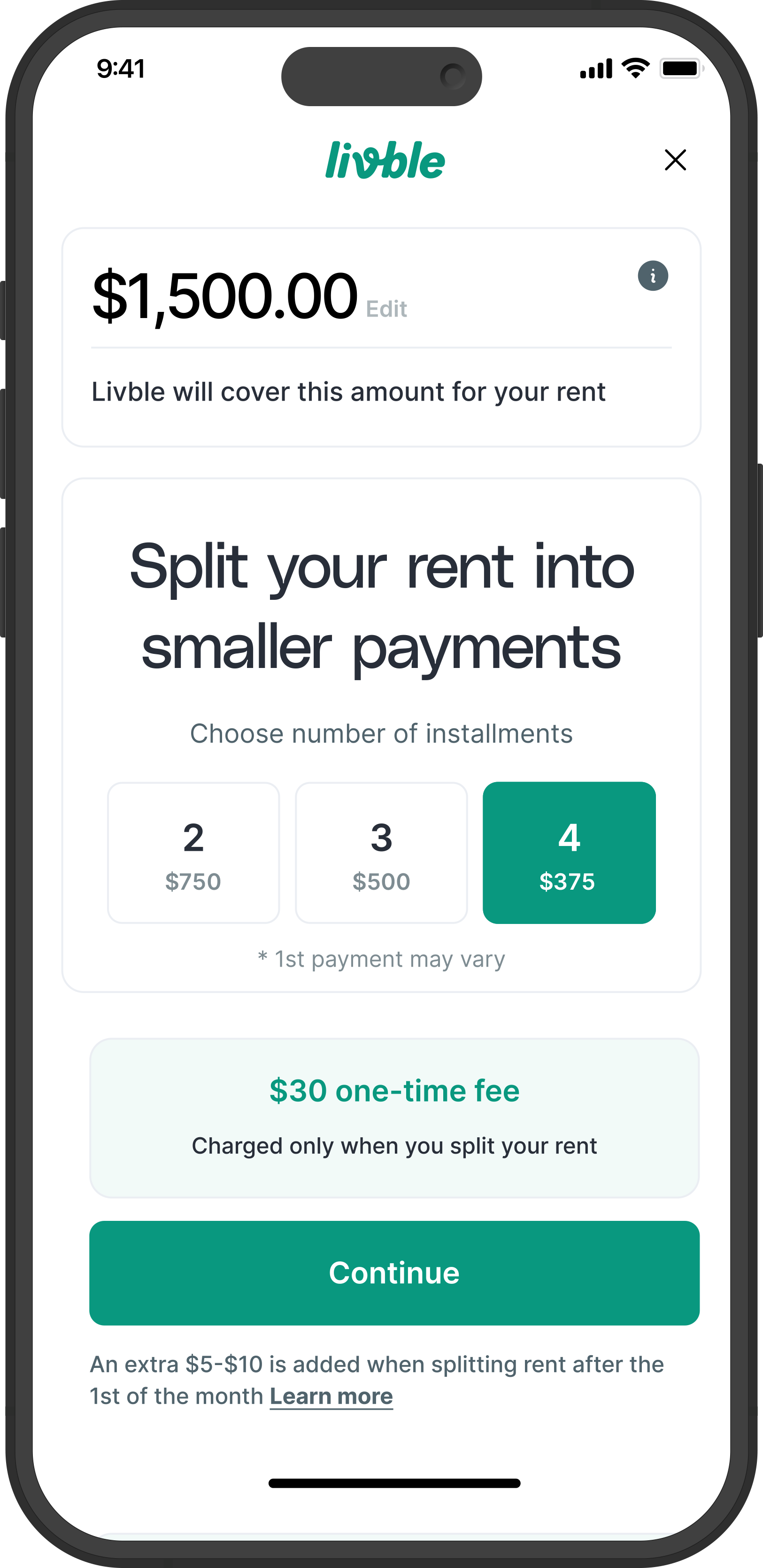 Livble mobile screen showing residents how to split rent into smaller payments
