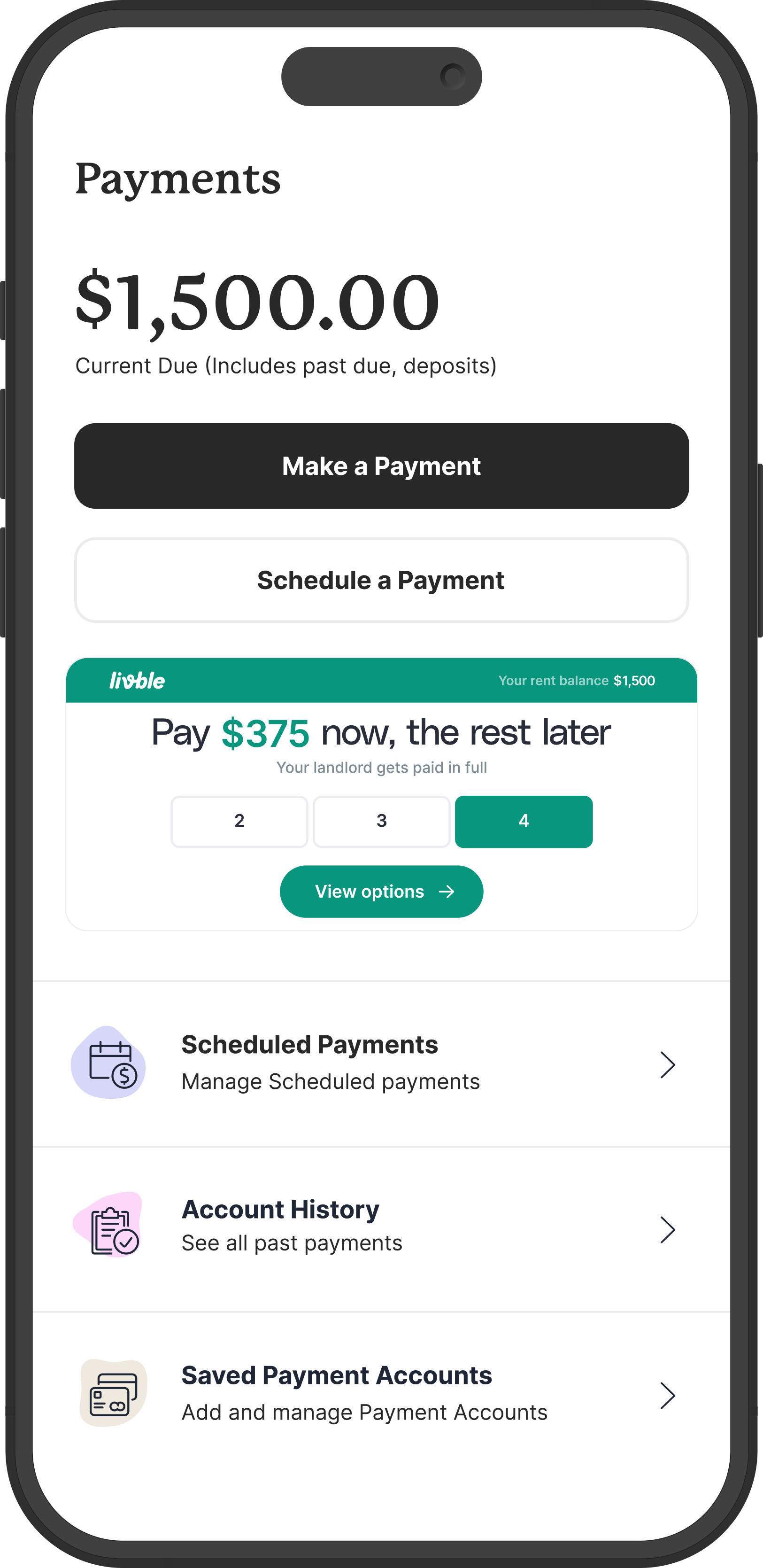 Livble mobile payments screen showing flexible rent payment options